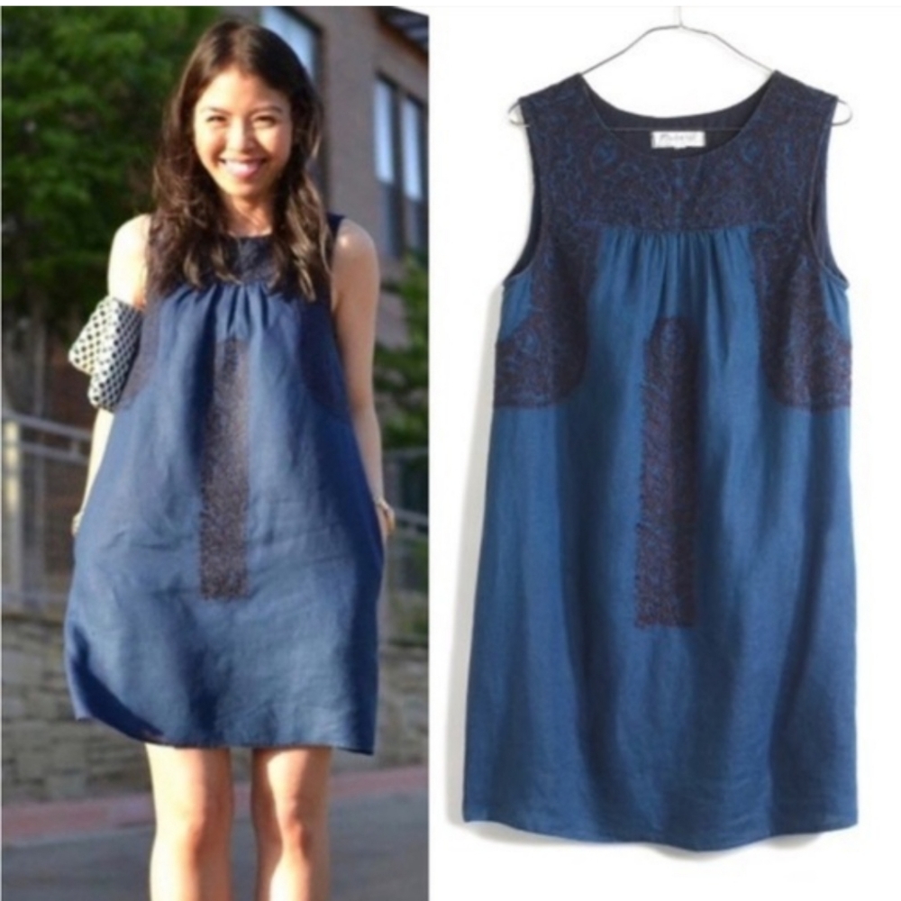 Madewell Navy Blue Floral Embroidered Smock Dress w Pockets L